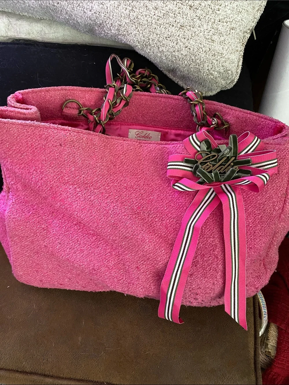 Goldie Bright Pink Plush Tote with Ribbon Charm